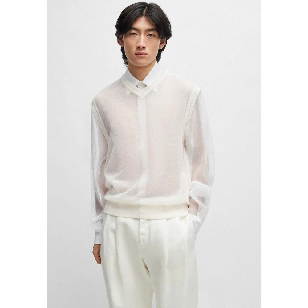 NWT BOSS Lucid White Mohair-Wool V-Neck Sweater Vest Size‎ Medium Sheer Knit